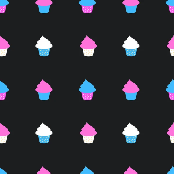 Bezešvá Vektorová Vzor Roztomilé Cupcakes Černém Pozadí Dobré Pro Balicí — Stockový vektor