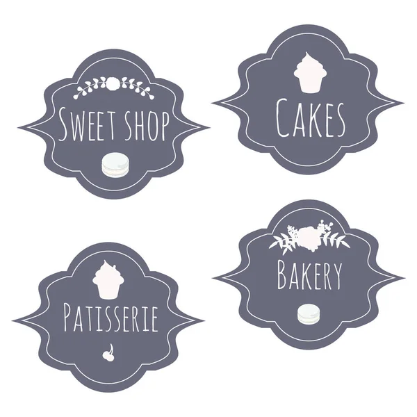Σύνολο Διάνυσμα Κονκάρδες Κείμενο Κέικ Αρτοποιείο Ζαχαροπλαστείο Και Γλυκό Κατάστημα — Διανυσματικό Αρχείο