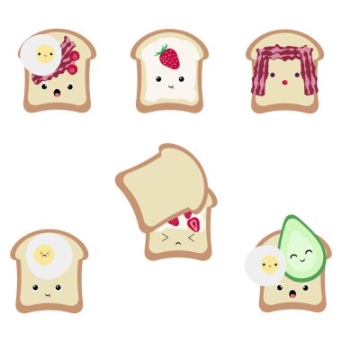 6 kawaii vektör tost lezzetli projeleriniz için kümesi: çıkartmalar, yamalar, madde işareti olarak günlüğe kaydetme, vb. 