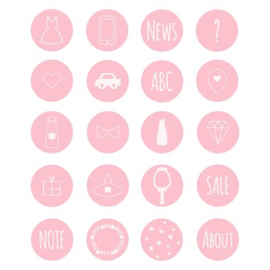Web mağazaları, scrapbooking, kurşun günlükleri, bloglama için nive pembe girly tema içinde 20 vektör simge kümesi.