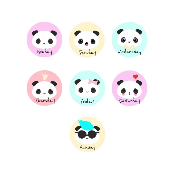 Set Vector Circles Panda Bear Names Week Days Perfect Stickers — Stock Vector