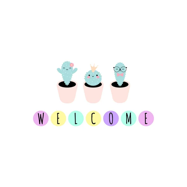 Vector Illustration Cute Kawaii Cacti Word Welcome Perfect Greeting Cards — Stock Vector