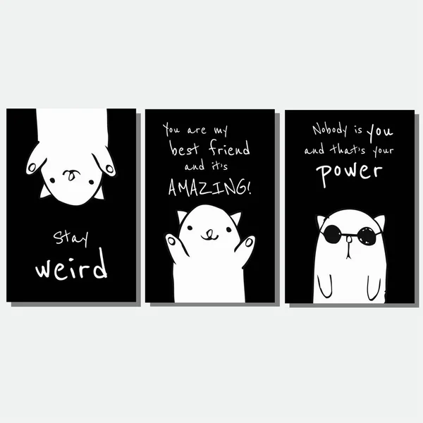 かわいい猫と引用 ベクトル カードのセットです シンプルなデザイン 黒い色のテーマ ポストカード グリーティング カード 招待状などに最適 — ストックベクタ