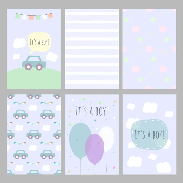 Set Vector Baby Shower Cards Cars Clouds Stripes Dots Perfect — Stock Vector
