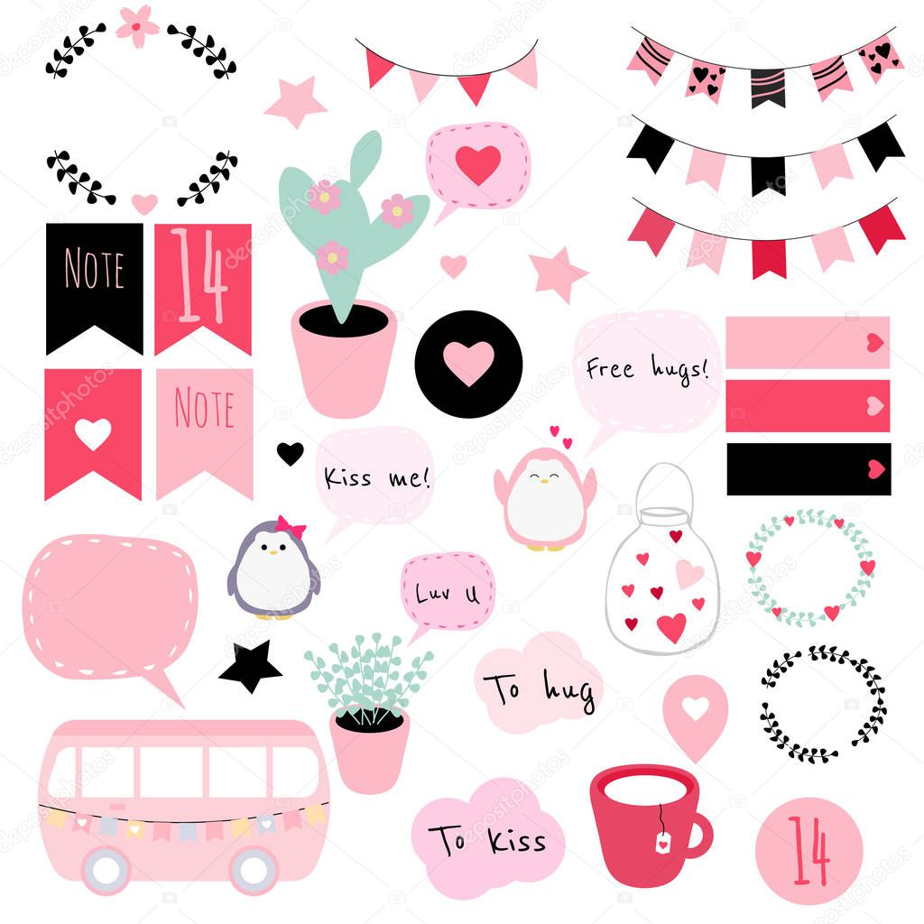 Big set of vector stickers in Valentine's Day theme. Good for patches, scrapbooking, planners, bullet journals, etc.