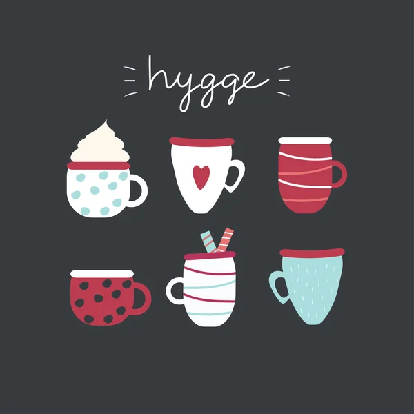 Illustrazione Vettoriale Con Tazze Caffè Parola Hygge Perfetta Menu Banner — Vettoriale Stock