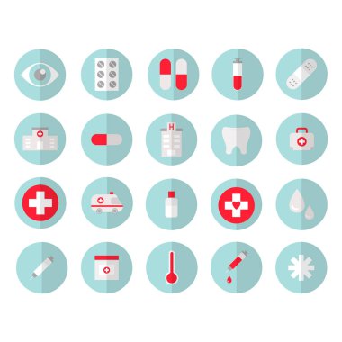 20 daire vektör ambulans simgeleri ayarlayın. Düzenlenebilir paket hap, diş, haç ve diğer öğeleri.