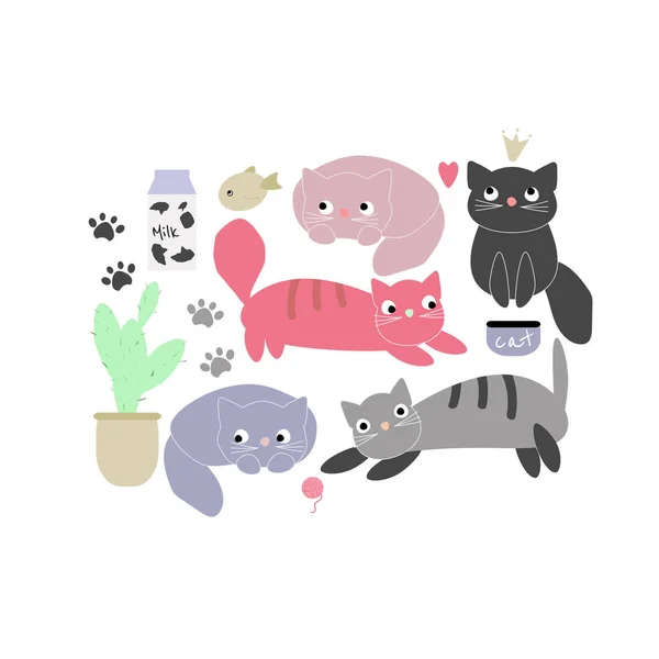 Векторная Иллюстрация Очаровательными Смешными Кошками Простой Плоский Стиль — стоковый вектор