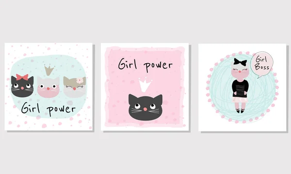 Set Carte Vettoriali Con Gatti Slogan Girl Power Illustrazioni Stock Royalty Free