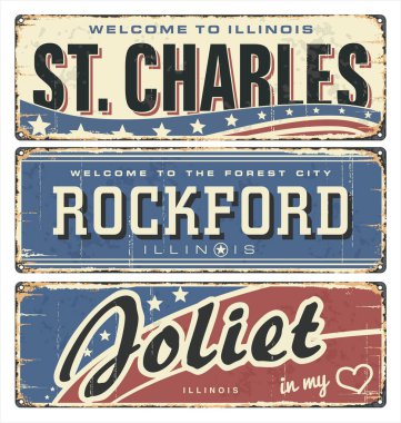 Vintage teneke işareti koleksiyonu bizimle şehirler. St. Charles. Rockford. Joliet. Illinois. Retro Hatıra Eşyası veya pas arka plan üzerinde eski kartpostal şablonları.