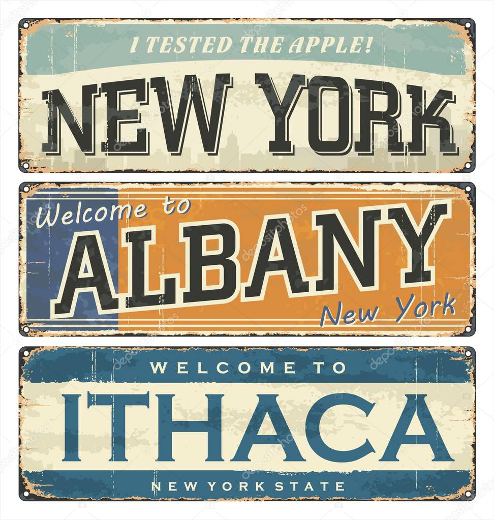 Vintage tin sign collection with US cities. New York. Albany. Ithaca. Retro souvenirs or old postcard templates on rust background. NYC t shirt.