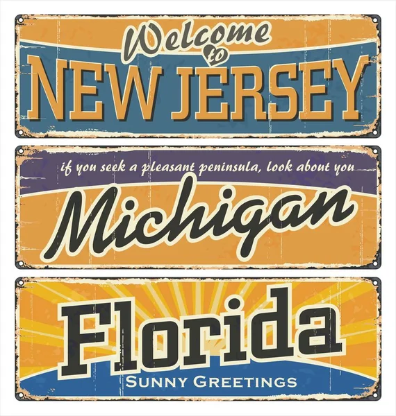 Kolekcja Vintage Tabliczka Stanem Usa New Jersey Michigan Florydzie Retro Ilustracja Stockowa