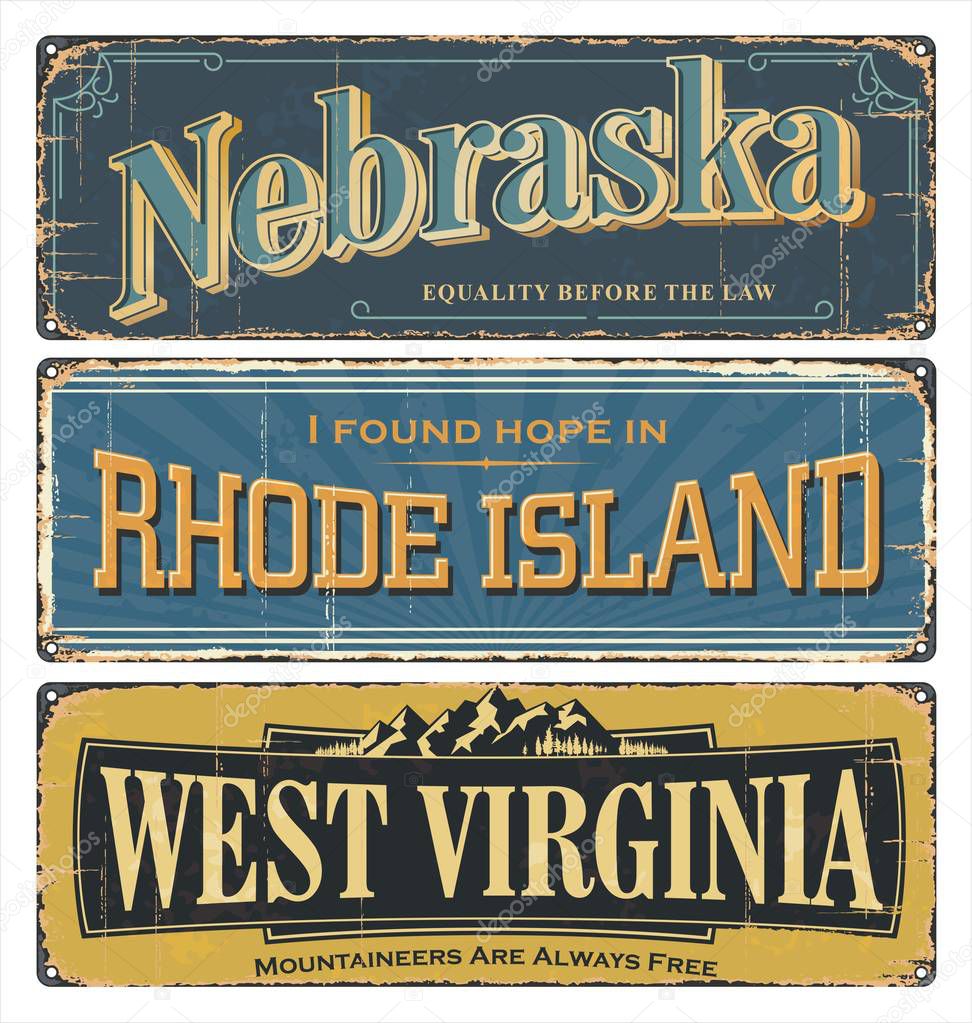Vintage tin sign collection with USA. State Nebraska. Rhode Island. West Virginia. All States. Retro souvenirs or old paper postcard templates on rust background. States of America.