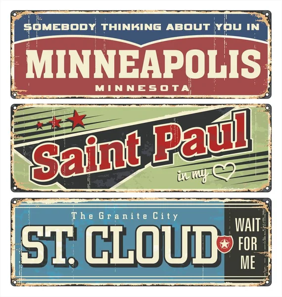 Vintage Teneke Işareti Koleksiyonu Ile Abd Şehirler Minneapolis Saint Paul — Stok Vektör