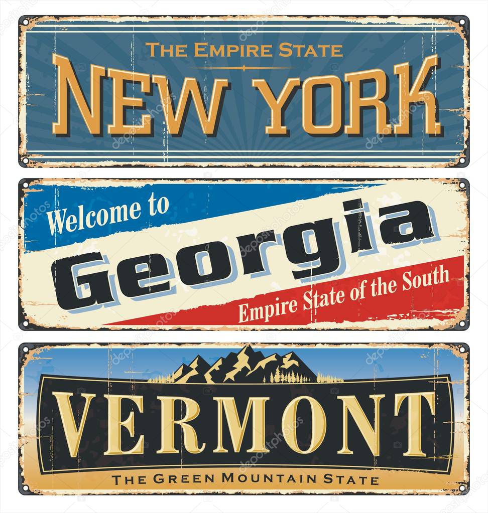 USA.Vintage tin sign collection with America state. All States. Retro souvenirs or old paper postcard templates on rust background. States of America. New York. Georgia. Vermont.