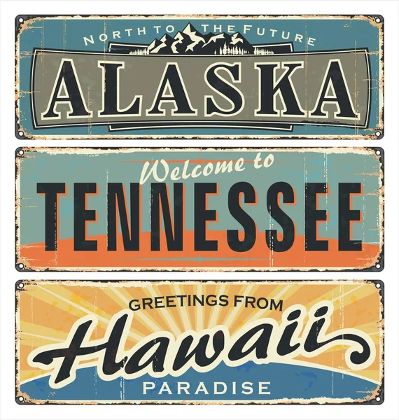 Vintage Collection Signes Étain Avec Tous Les États Alaska Tennessee — Image vectorielle