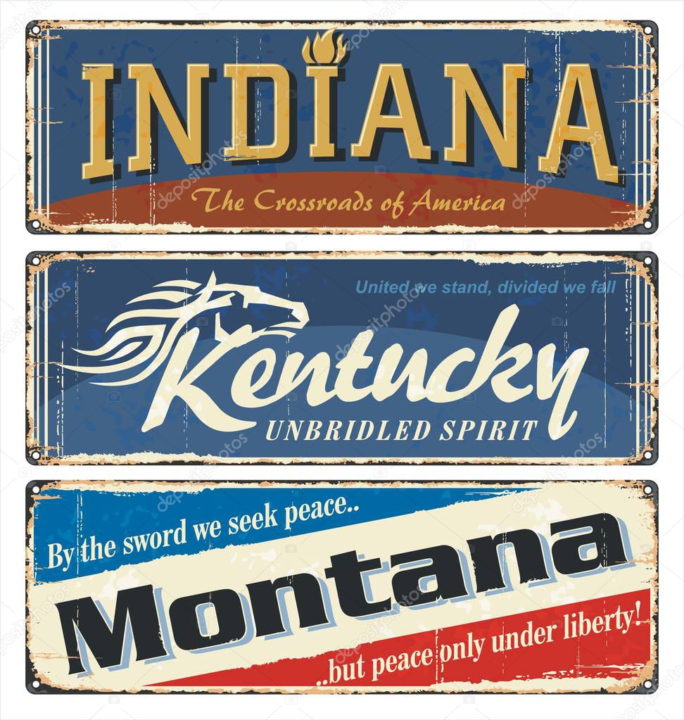 Vintage tin sign collection with US. Indiana. Kentucky. Montana. All States. Retro souvenirs or old paper postcard templates on rust background. States of America. 