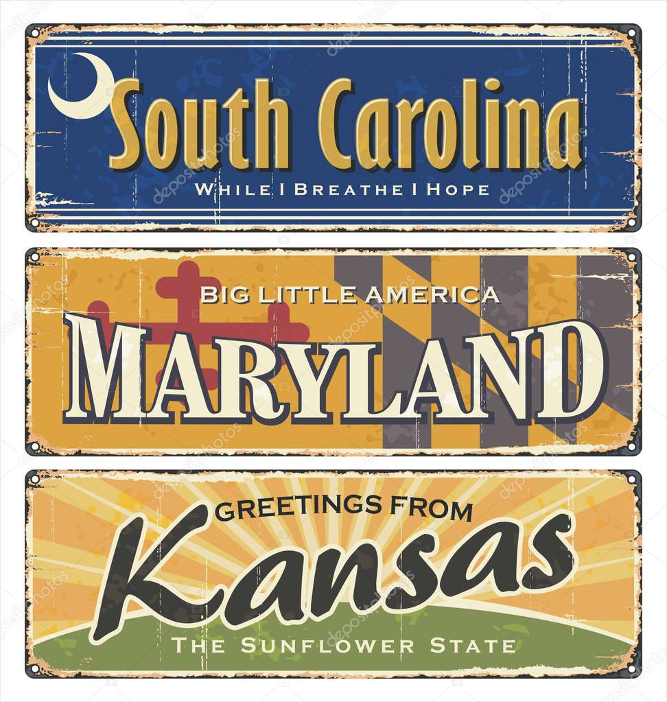 US.Vintage tin sign collection with America state name. All States. Retro souvenirs or old paper postcard templates on rust background. States of America. South Carolina. Maryland. Kansas.