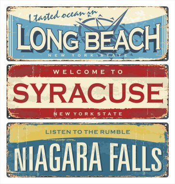 Vintage city label. Vintage tin sign collection with US cities. Long Beach. Syracuse. Niagara Falls. Retro souvenirs or postcard templates on rust background. clipart