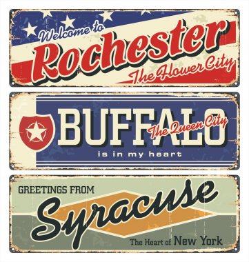 New York tin enamel sign. Vintage city label. Vintage tin sign collection with US cities. Rochester. Buffalo.Syracuse. Retro souvenirs or postcard templates on rust background from New York state. clipart