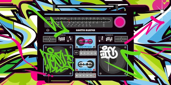 Resumen detallado Retro Ghetto Blaster Hip Hop Graffiti Style — Vector de stock