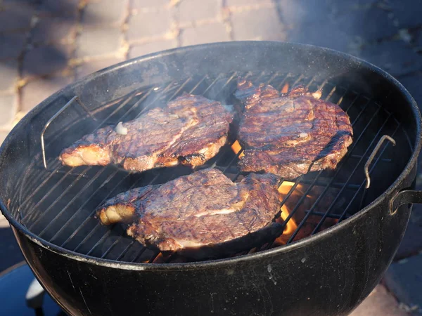 Three steaks on a fire grill, in the backyard