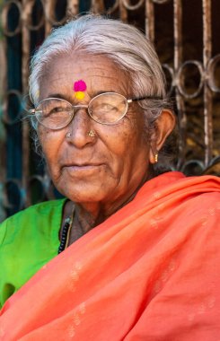 Nilavagilukaval, Karnataka, Hindistan - 1 Kasım 2013: Dairesel gözlük, altın takı ve parlak kırmızı, ağaran büyükannesiyle Closeup sari yeşil. Pembe ve sarı bindi alnına.