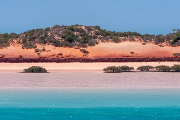 Broome, Wa, Avustralya - 29 Kasım 2009: portre yatay çizgi ile bazı yeşil bitki örtüsü üstte kırmızı dunes tarafından yapılan mavi gökyüzü masmavi su ayırır. Düşük Tide.