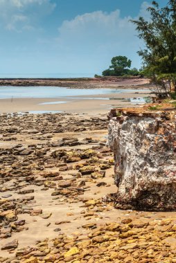 Darwin, Kuzey Territory, Avustralya - Aralık 1, 2009: Cennet yeşil bitki örtüsü bölen deniz hattı ile kayalık kumlu plaj sahil hattı Timor Denizi, manzara gösterir.
