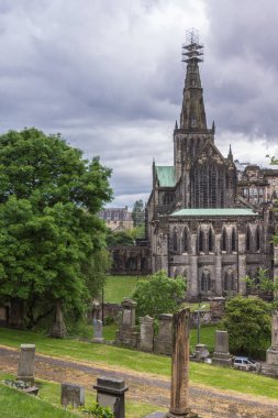 Glasgow, İskoçya, İngiltere - 17 Haziran 2012: Katedrali çok üstte yeşil çatılar ve koyu kahverengi spire iskele ile bina mezarlık görüldü. Cennet. Bazı yeşil yaprakları ağaçların.