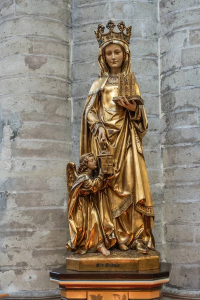 Bruselas Bélgica Septiembre 2018 Primer Plano Estatua Santa Gúdula Catedral — Foto de Stock