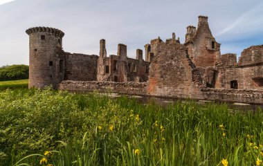 Shearington, İskoçya, İngiltere - 18 Haziran 2012: Closeup Güney tarafı yıkık üçgen kahverengi taş Castle Caerlavarock moated. Hendek ve köşe kule. Sarı çiçekler ön.