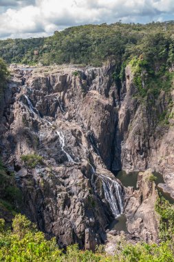 Kuranda, Queensland, Avustralya - 4 Aralık 2009: portre. Barron düşüyor, beyaz su yeşil doğada kahverengi rock uçuruma katmanlı çağlayan.