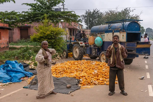 Angadihalli Karnataka Hindistan Kasım 2013 Kadın Erkek Mısır Koçanı Gelen — Stok fotoğraf