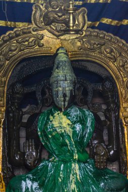 Belur, Karnataka, Hindistan - 2 Kasım 2013: Chennakeshava Tapınağı. Devi Ranganayaki Andal tapınak Abisheka töreni sırasında ghee ile bulaşmış. Idol ıslak yeşil giysili. Sarı siyah yüz ve yeşil elbise.