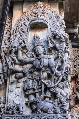 Halebidu, Karnataka, Hindistan - 2 Kasım 2013: Hoysaleşvara Tapınağı, Shiva. Heykel tarafındaki ana sığınak nereye Vishnu mavimsi gri taş boğa üzerinde bir ayak setleri, closeup.