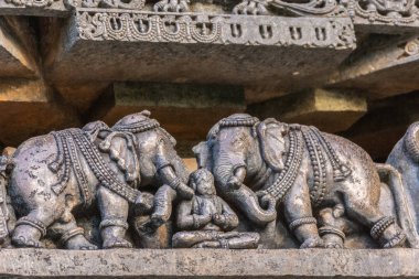 Halebidu, Karnataka, Hindistan - 2 Kasım 2013: Hoysaleşvara Tapınağı, Shiva. Ana sığınak, nerede iki filler yoga konumumdaki yan tarafındaki heykelinin portre. Gri kahverengi taş.