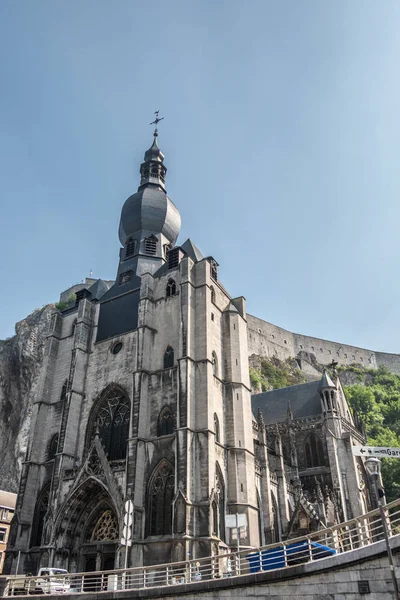 Notre Dame Church fish eye view blocks citadel, Dinant, Belgium. — Stock Photo, Image