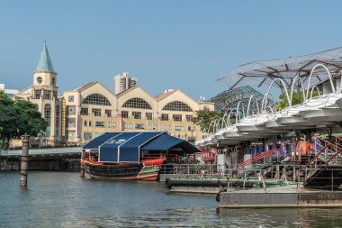 Singapur Nehri üzerinde Kuzey Boat Quay Closeup, Singapur.