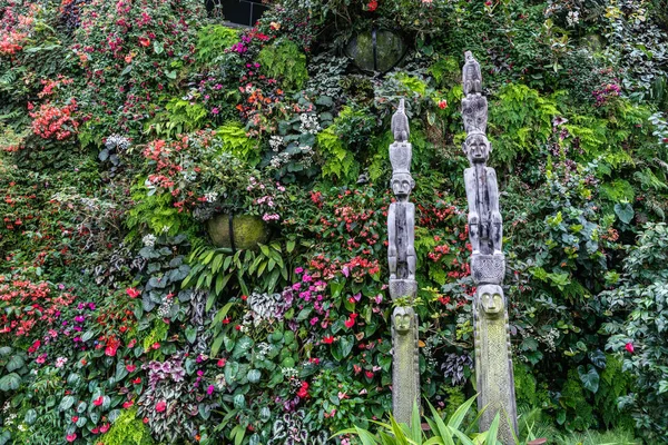 Two Totem poles against green wall with flowers, Cloud Forest Do — Stock Photo, Image