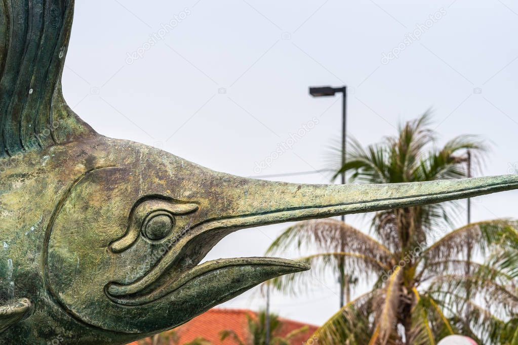 Closeup of head of Swordfish in Koh Loy Park fountain on Ko Loi 