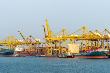 Laem Chaba 'da sarı vinçlerin altında birkaç konteynır gemisi var.