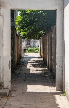 Tongli, Jangsu, Çin - 3 Mayıs 2010: Hutong dar geçitler, basit evler ve küçük işletmeler ağı. Gri taş renklerin üzerinde yeşil yapraklı dar bir sokak..