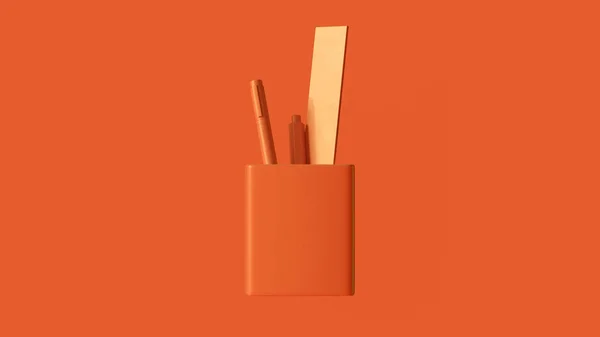 Orange Desk Tidy with Pens and a Ruler 3d illustration 3d rendering