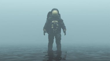 Astronaut with Gold Visor Standing in Black Liquid in a Foggy Overcast Alien Environment 3d illustration clipart