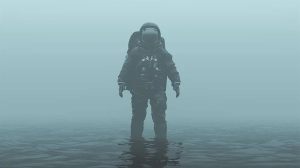 Astronaut Mit Schwarzem Visier Steht Schwarzer Flüssigkeit Nebliger Bedeckter Außerirdischer — Stockfoto