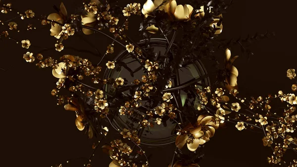 玻璃花瓶 插图中的金色花和黑色树枝 — 图库照片