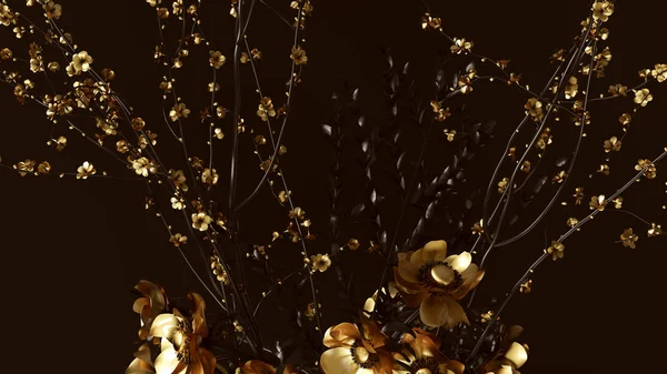 Gold Flowers and Black Branches in a Glass Vase 3d illustration