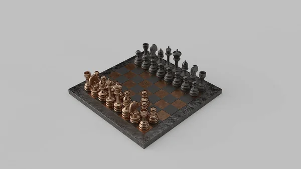 愚か者のメイトムーブ01真鍮と鉄のチェスボードとピース2移動チェックメイト3Dイラスト — ストック写真