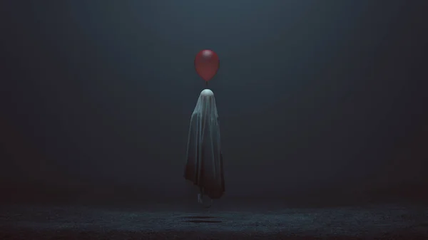 Plovoucí Zlý Duch Dítěte Červeným Balonem Mlhavé Prázdnoty Levá Ilustrace — Stock fotografie